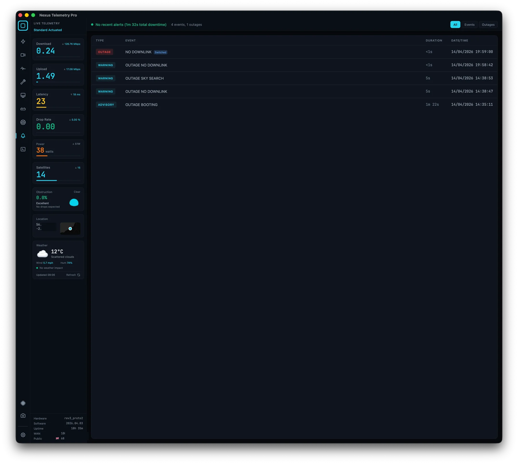 Event log showing the boot sequence and sky search